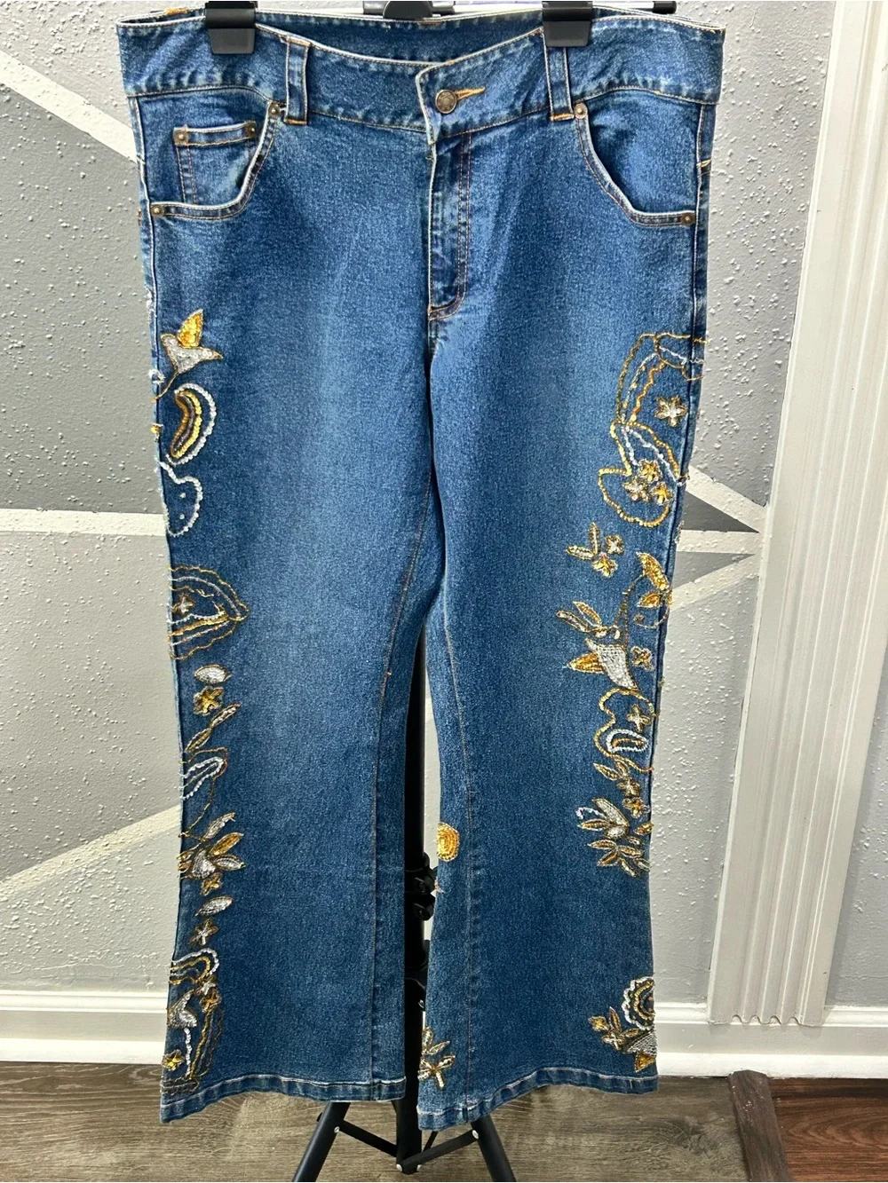Midnight Velvet Blue Denim Flare Jeans with Gold & Silver Floral Embroidery